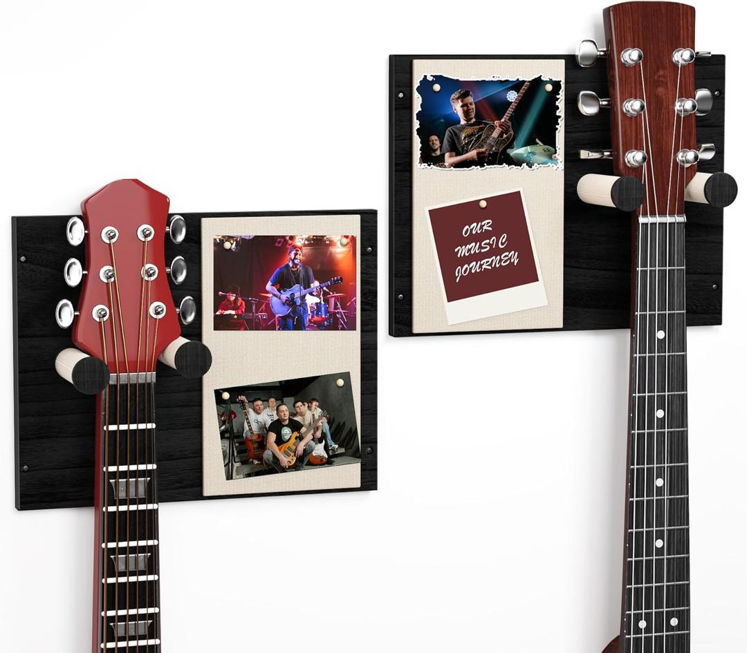 2 Pack Guitar Wall Mount with Memo Board - Wooden Guitar Hanger for Acoustic, Electric Guitars & Ukuleles, Display Photos & Concert Tickets, Rustic Music Wall Decor (Black)