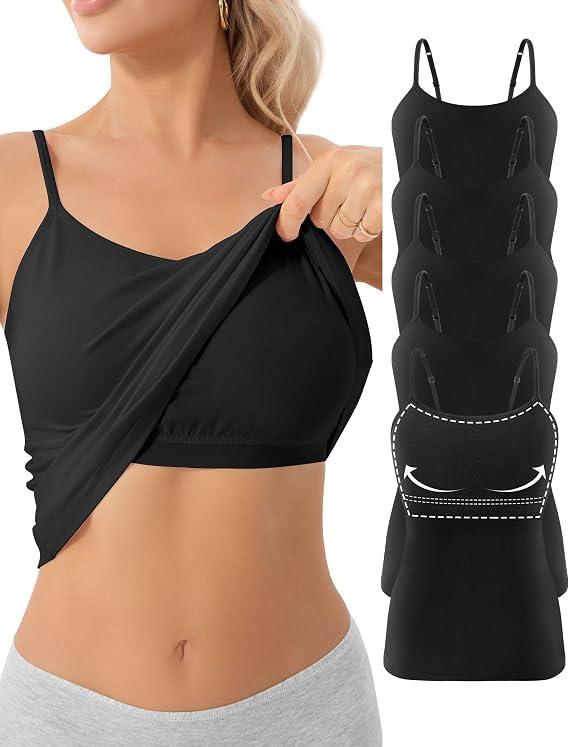 Missclub 5 Pack Womens Camisole Tops with Built in Bra Spaghetti Strap Athletic Tank Top Basic Layering Cotton Undershirts L