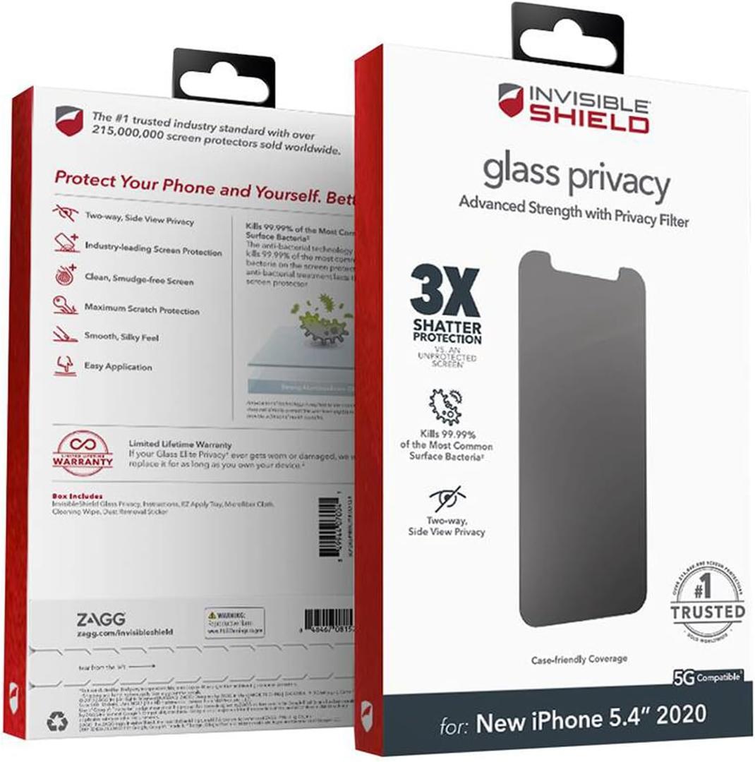 ZAGG InvisibleShield Glass Privacy Screen Protector for iPhone 12 Mini - 3X Impact and Scratch Protection, Strongest Tempered Glass, Smudge-Free, Smooth Silky Feel, Two-way Side View, Pack of 2