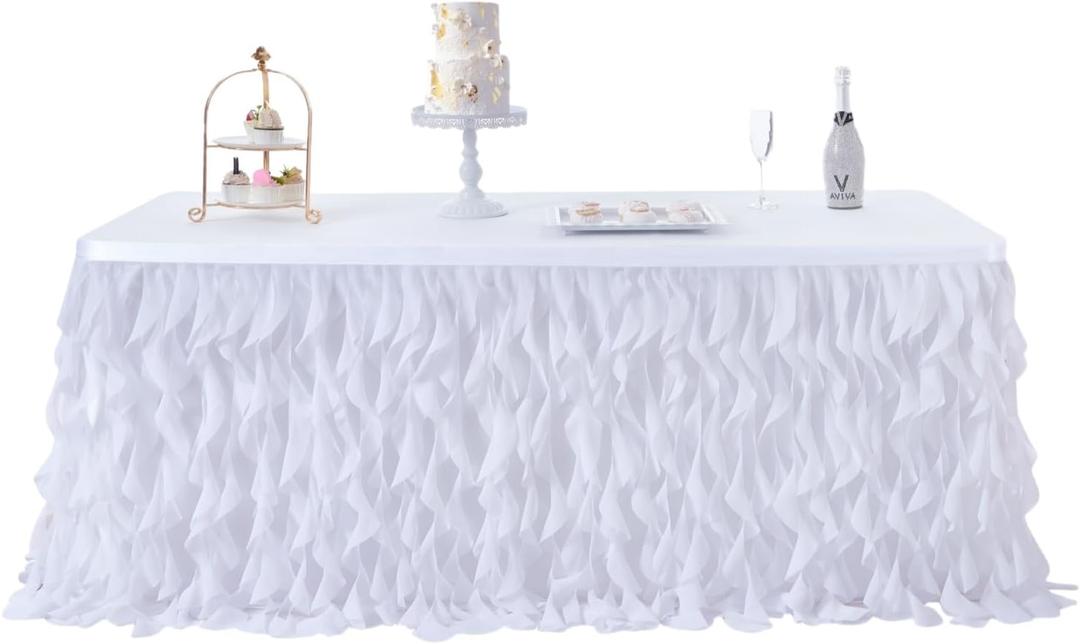 leegleri 72Inch White Tutu Table Skirt for Rectangle&Round Tables-Tulle Curly Willow Table Skirt Decorations, White Ruffle Tablecloth for Wedding Bridal Shower Birthday Party Decorations