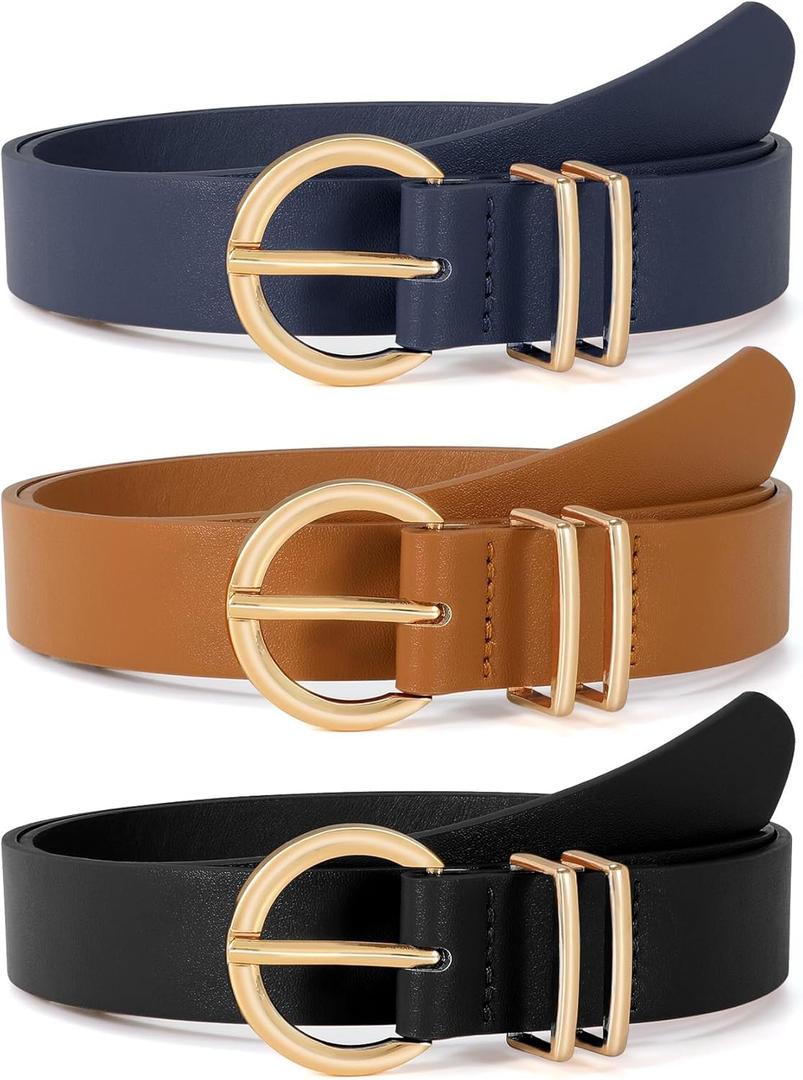 VONMELLI 3 Pack Women's Leather Belts for Jeans Dresses Ladies Waist Belt with Fashion Gold Buckle (E-black+brown+dark Blue)