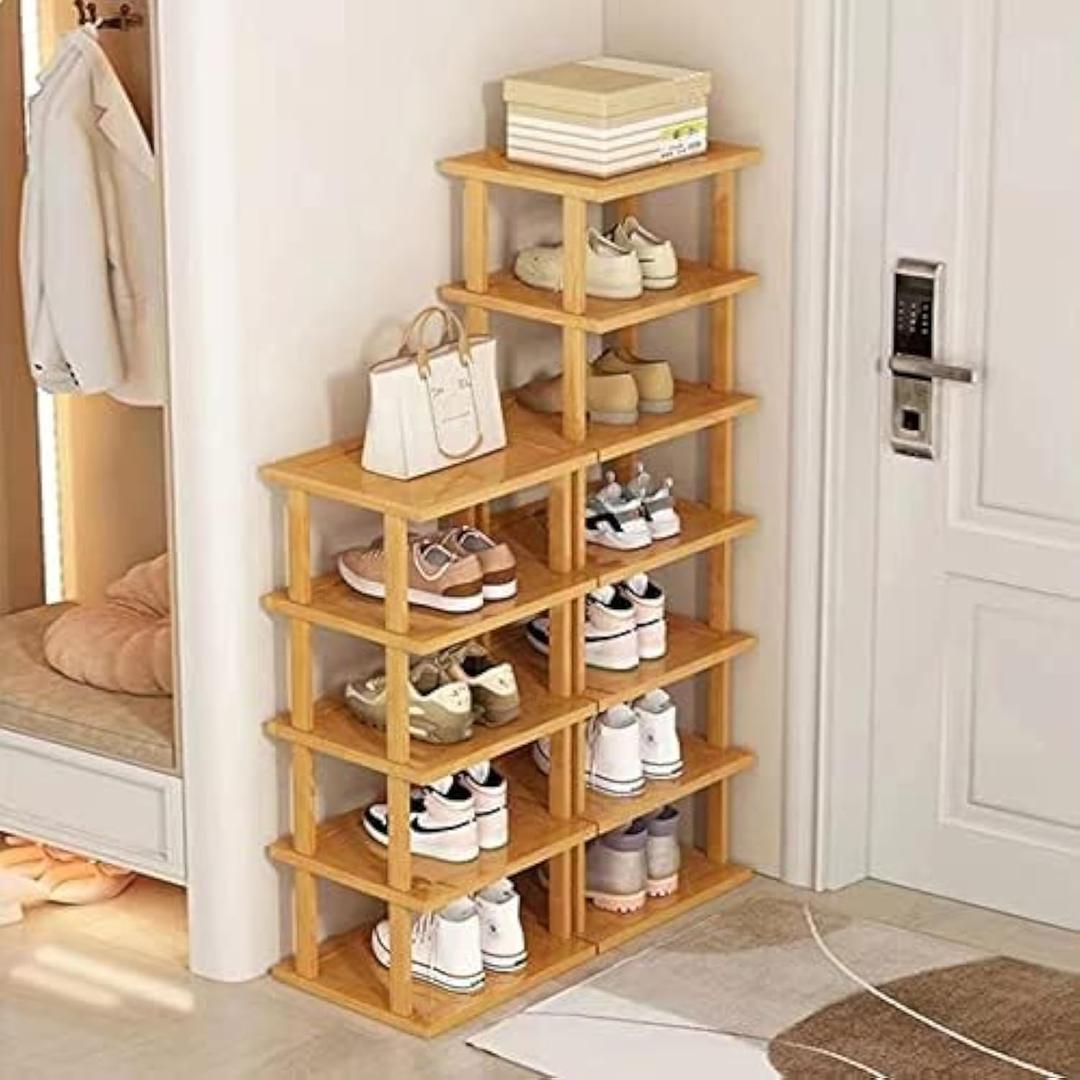 Bamboo Shoe Rack 12 Tier- Vertical Shoe Rack for Small Spaces, Tall Narrow Shoe Rack Organizer for Closet Entryway Corner Garage and Bedroom,Skinny Shoe Shelf with Free Stackable DIY (Original Color)