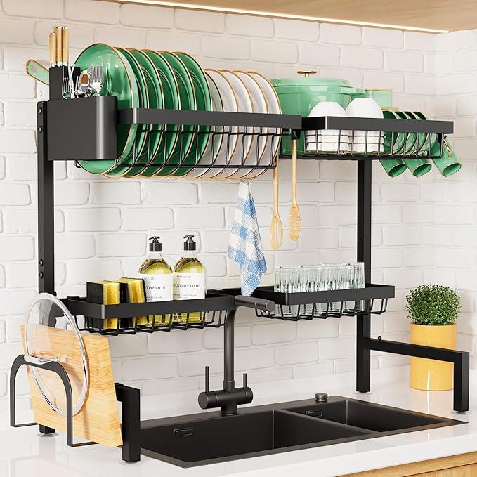Dish Drying Rack - Over The Sink Dish Drainer Drying Rack with Utensil & Knife Holder, Hooks, Stainless Steel Kitchen Organizers and Storage Solution