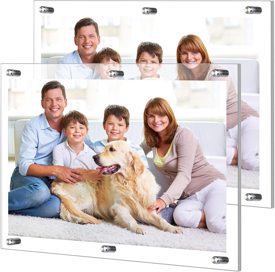 DoubleFill 2 Pack Extra Large Frameless Floating Acrylic Frame Wall Mount Magnetic Acrylic Picture Frames with Chrome Standoffs Double Panel Floating Frame for Photo Poster Display (24 x 36 Inch)