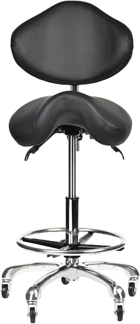 Saddle Stool Rolling Chair Tall with Backrest Foot Rest Hydraulic Swivel Adjustable Height Ergonomic Tilt Thick Seat with Casters for Dental Hygienist Eyelash Technician Hairstylist Black