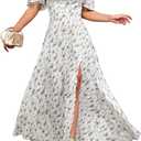 Women's Summer Puff Sleeve Floral Split Maxi Dress Flowy A Line Casual Beach Long Dresses 2026 (M)