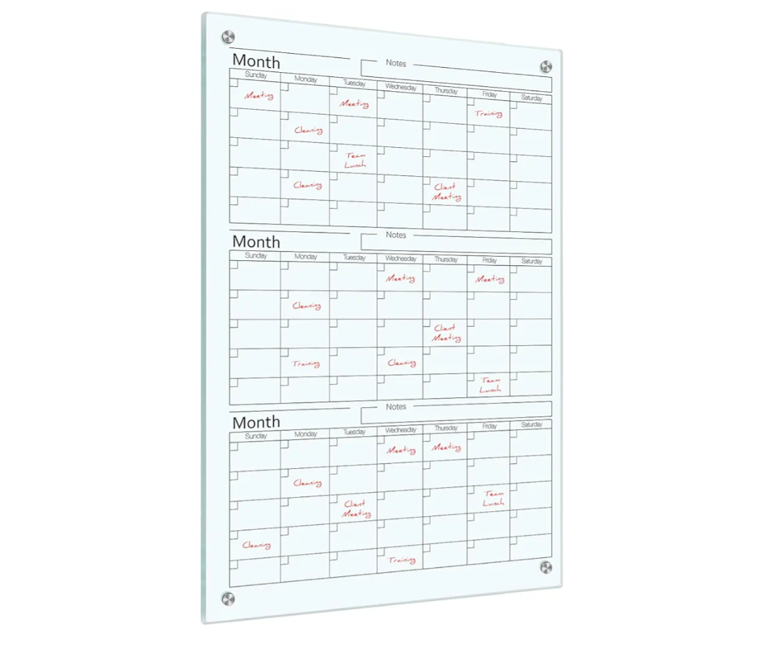 Glass Whiteboard Calendar Dry-Erase White Board Planner Glass Large Wall Mounted Calendar with Marker Tray for Wall Home or Office(Transparent,36" X 24",3 month