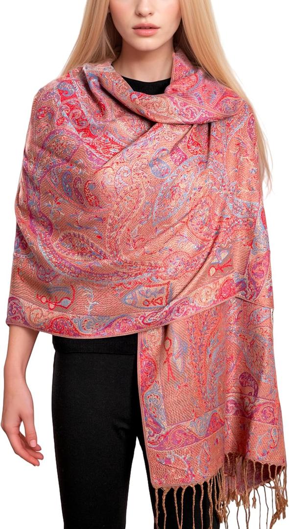 Achillea Reversible Paisley Pashmina Rave Scarf  Exotic Indian Shawls and Wraps for Evening Dresses, Festivals, All Seasons (Tapestry Camel)