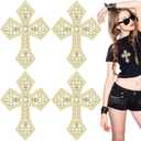 Suncalla 4 Pcs Gold Rhinestone Cross Patch Applique Crystal Cross Iron on Patches Sew on Clothing Patches for Clothes Bag Dress Jacket Repairing 4.53 x 3.5 inches