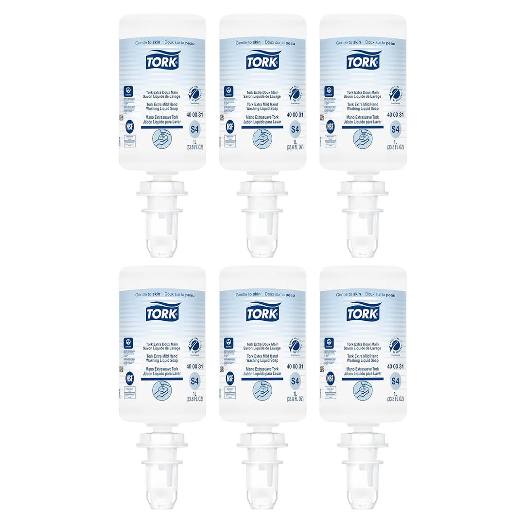 Tork Extra Mild Liquid Hand Soap, Compatible with S4 dispensers, Fragrance-free, Dermatologically tested, eco-friendly 6 x 1L bottles (400031)