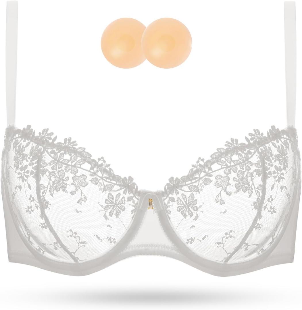 Wingslove Women's Sexy Lace Bra Demi Sheer Mesh Balconette See Through Bralette Unlined Underwire Embroidered (White, 36 D)