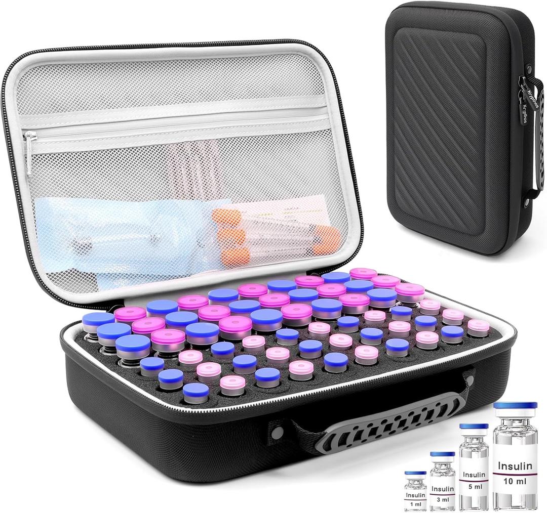 Krypthos 60 Slots Insulin Vial Protector Case, Insulin Vial Organizer Bag for Diabetics Standard 1ml 3ml 5ml and 10ml Vials, Diabetes Insulin Carrying Case Fridge Holder Storage Holder, No Ice Pack