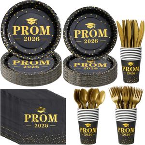 Graduation Party Supplies Plates and Napkins Serve 25,Prom Send off 2026 Disposable Paper Plates and Napkins Set Cups Knives Spoons for Class of 2026 Graduation Party Decorations Black and Gold
