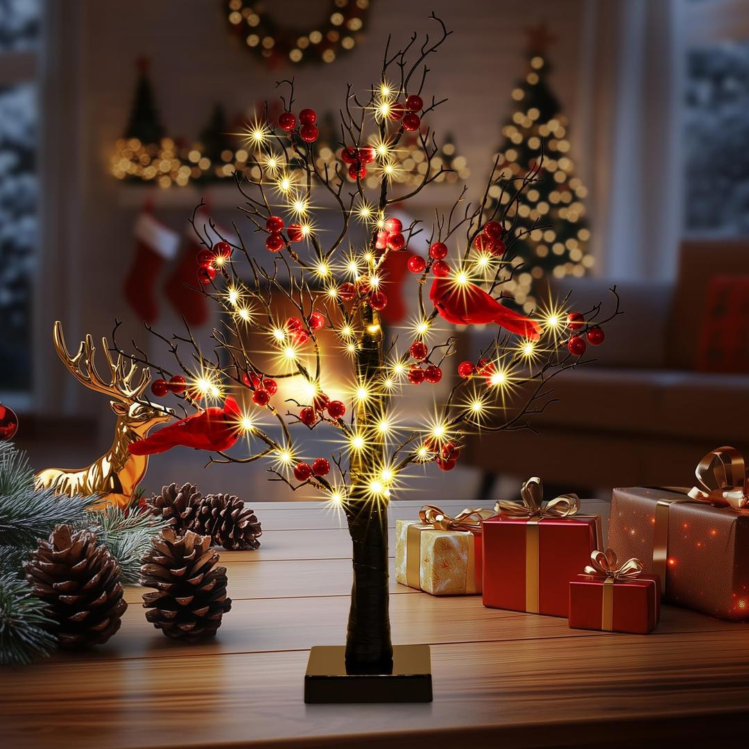 21" Vintage Glowing Table Tree with Cardinals, Christmas Decorations LED String Lights with,Twinkle Trees Lamp with Lighted Branches, for Christmas, Black