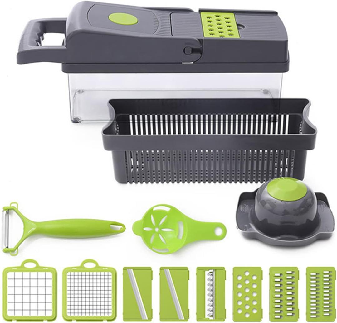 Vegetable Chopper With One-Touch Cleaning Button, 11-In-1 Multi Blade With Colander Basket , Kitchen Gadgets Accessories, Kitchen Must Haves Food Chopper Manual Hand for Fruit Potato Onion Egg