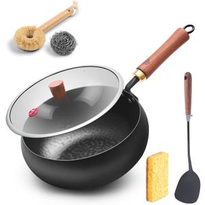 WANGYUANJI 9.5-Inch Iron Wok Pan with Lid & Spatula, Deep Flat-Bottom Stir Fry, Uncoated & Unseasoned, Induction Compatible, Upgraded Wooden Handle