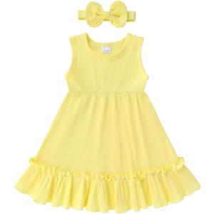 YOUNGER TREE Toddler Girl Summer Sundress Sleeveless Casual Dress Ruffle Hem Cotton Solid Outfits with Bowknot (Yellow)