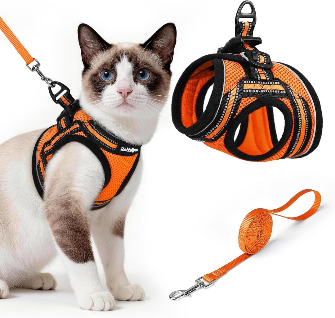 rabbitgoo Cat Harness and Leash Set for Walking Escape Proof, Adjustable Soft Kittens Vest with Reflective Strip for Cats, Comfortable Outdoor Vest,Light Orange,L