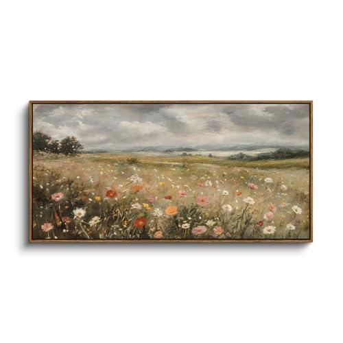 InSimSea Extra Large Framed Vintage Wall Art, Living Room Country Farmhouse Decor, Wildflower Field Flowers Landscape Canvas Prints, Retro Scenery Long Pictures for Bedroom Above of Bed,20x40inch