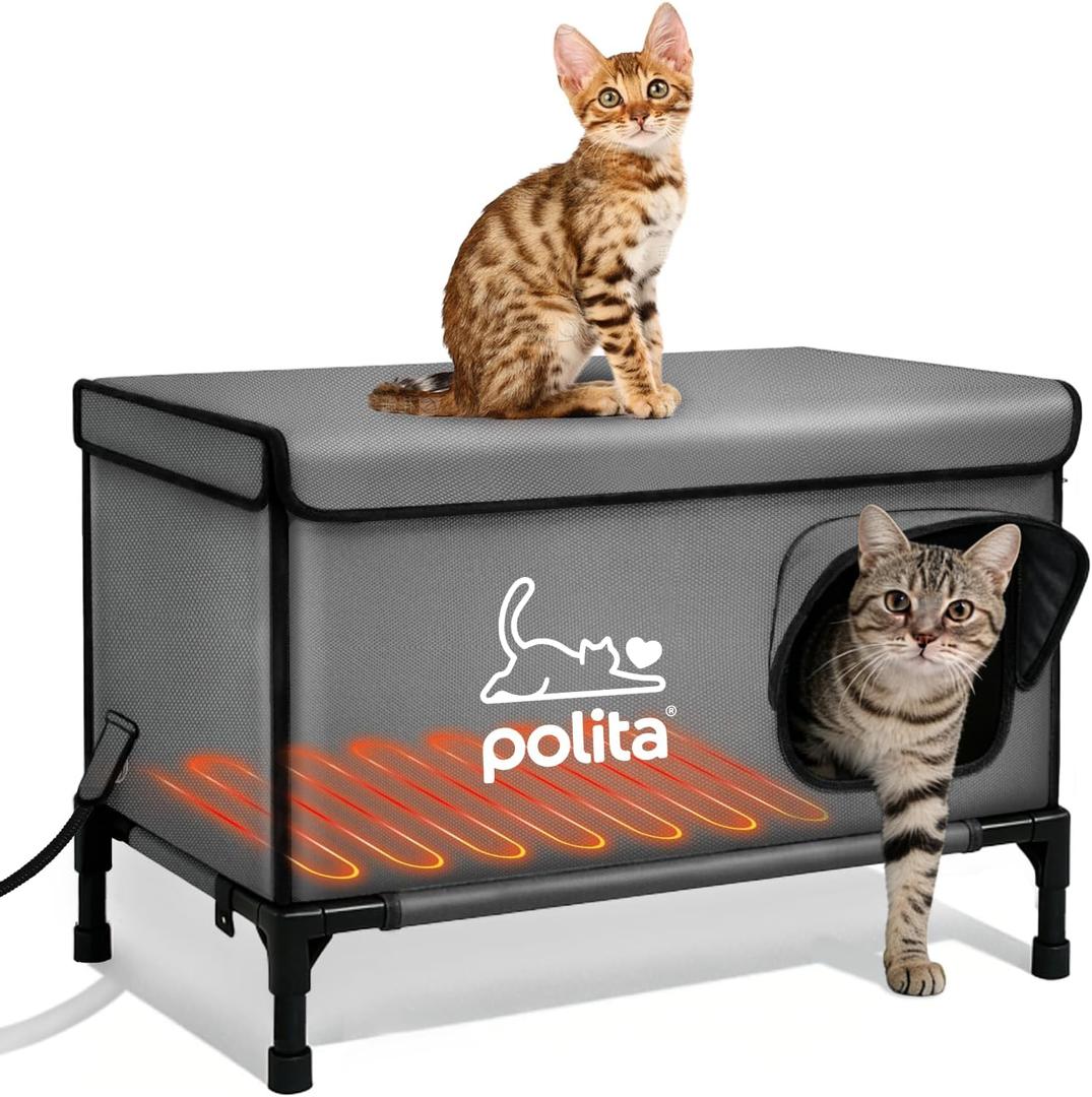 Polita Indestructible Heated Cat House for Outdoor Cats in Winter, Extremely Insulated & 100% Weatherproof, Elevated Feral Cat Shelter with Waterproof Eaves & Safe Escape Door for Stray & Barn Cats (Dark Gray)