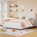 SLEKVERSA Velvet Upholstered Bed Frame with Boucle Headboard, Soft Rounded Corners Platform Bed with Low Profile Sturdy, Heavy Duty, Wooden Slats, Noise Free, Easy Assembly, White Full