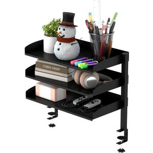 3 Tier Clamp On Desk Organizer Shelf,Large Clip Desktop or Under-Desk Adjustable Metal Storage Tray, Computer Table Organizer for Office Desk