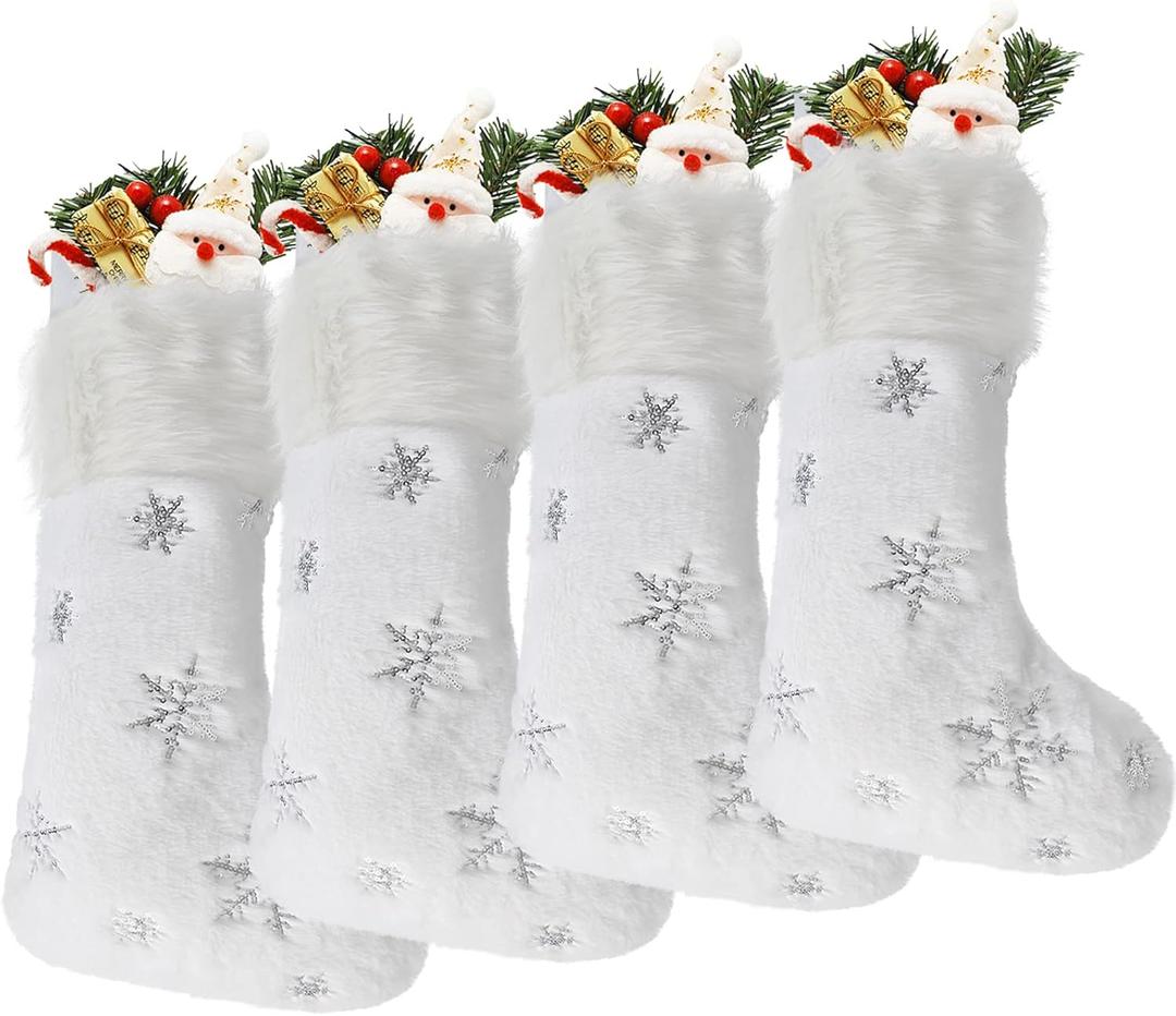 DIYASY White Christmas Stockings, 4 Pack Large Faux Fur Christmas Stockings with Silver Sequin Snowflakes Personalized Christmas Stocking for Fireplace Hanging and Holiday Party Decoration 17.5 Inches