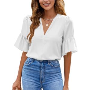 Bingerlily Womens Summer V Neck Blouses Tops Chiffon Ruffle Short Sleeve Shirs White