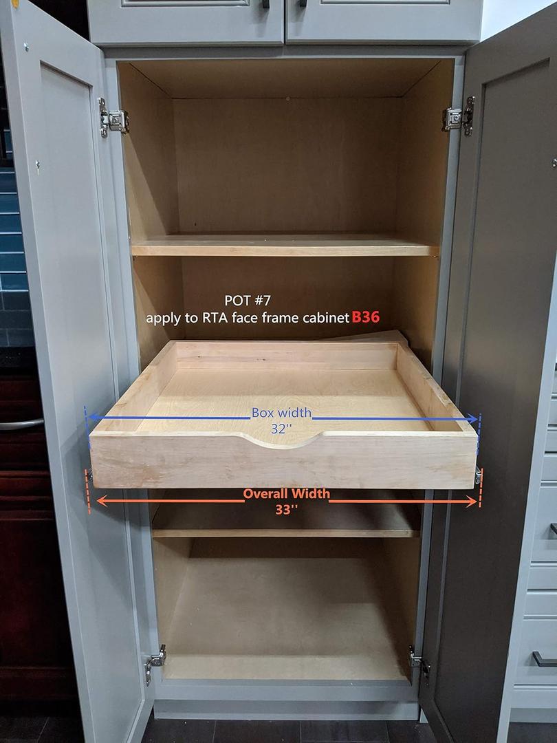 32 Wide Pull-Out Wood Drawer  Fits 36 Base or Pantry, Slide-Out Organizer Tray for Large Kitchenware and Bulk Storage, Spacer Option for Frameless (Face Frame B36, Pantry36) (POT#7 (33''W x21''D))