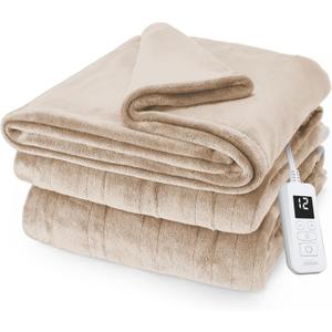 Sunbeam Electric Royal Posh Velvet Heated Blanket, 12 Heat Settings, 12-Hour Selectable Auto Shut-Off, Fast Heating, Warm and Lush, Champagne Color, Full, 84" x 72"