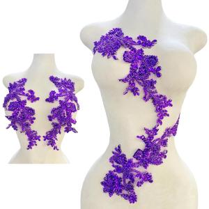 Handmade Shining Rhinestones lace Applique Patches Sewing Beads Sequins Stone Trim Accessories for Wedding Dress one Pair/Bag (Purple)