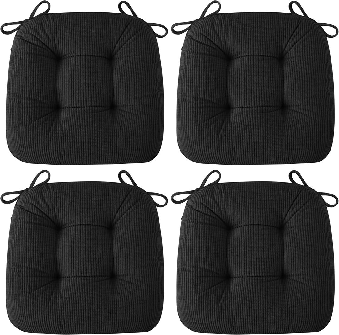 AddGrace Chair Cushions for Dining Chairs Soft Kitchen Seat Cushions 18" x 18" x 3" Non-Slip Seat Pads Black Set of 4