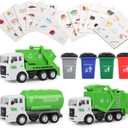 FIVEDAOGANG Garbage Truck Toy, 3 Pack Friction Powered Waste Management Garbage Truck Game with Front Load Dumpster, Back Dump Garbage,4 Trash Bins with 108 pcs Trash Cards, Gift for 3+ Years Old Kids
