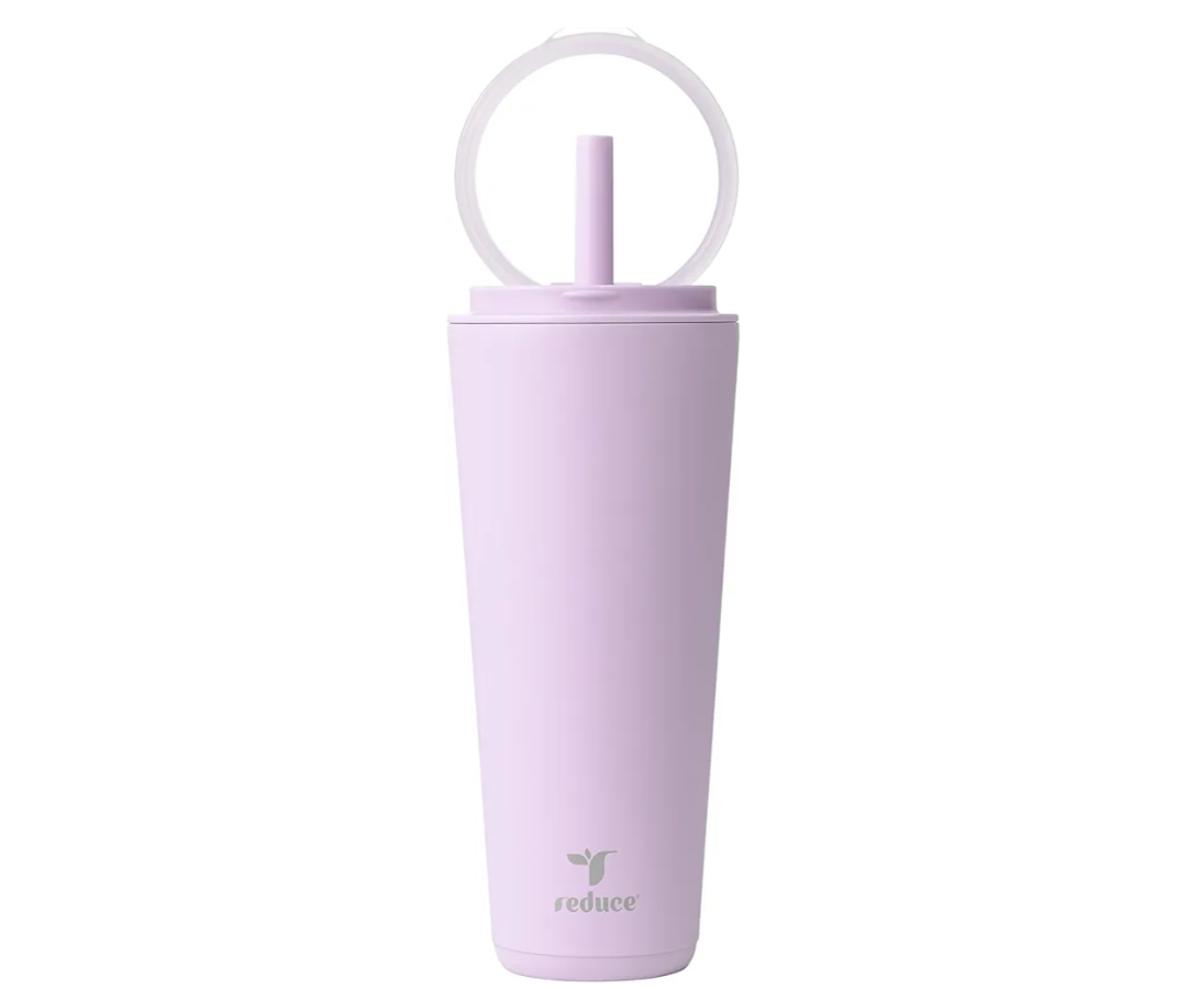 REDUCE Halo 32 oz Stainless Steel Vacuum Insulated Tumbler - Spill Proof Travel Mug with Flip Handle Lid - Keeps Drinks Cold for 32 Hrs - Dishwasher Safe - Cupholder Friendly - Lilac Bud