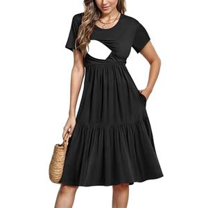PARNIXS Women's Summer Nursing Dress Short Sleeve Maternity Knee Length Breastfeeding Dress(Designed with Pockets) M