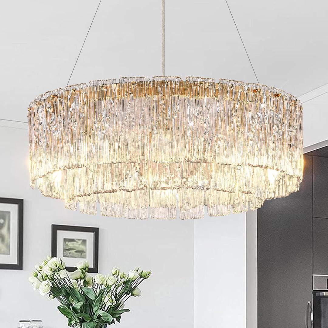 CATINER Gold Chandeliers 24Modern Crystal Glass Round Chandelier 10-Light Drum Pendant Ceiling Light Fixtures Luxury 2 Tiers Hanging Chandelier for Dining Room Foyer Living Room Bedroom, Large Round 24