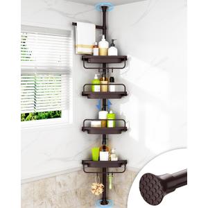 ALLZONE Rustproof Shower Caddy Corner for Bathroom, Bathtub Storage Organizer for Shampoo Accessories, 4-Tier Adjustable Shelves with Tension Pole, Fit Height 34 to 116 Inch, Brown