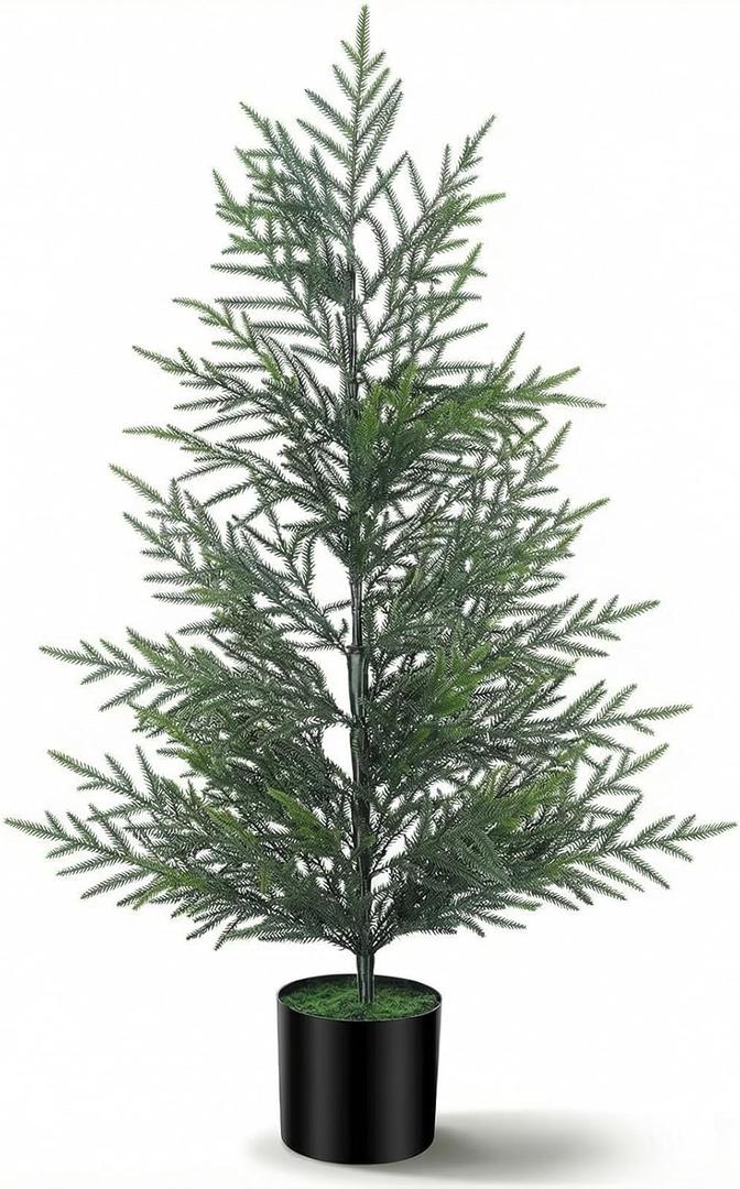 4ft Christmas Norfolk Pine Tree Artificial Christmas Tree Decoration Faux Norfolk Pine Plants with Pot Small Faux Potted Cypress Xmas Shrubs Plants for Front Porch Outdoor Indoor Garden Decor