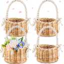 Thyle 4 Pcs Flower Girl Baskets with Handle, 7.87 x 4.33 Inch, Wicker Rattan, Lightweight, Brown (White Lace)
