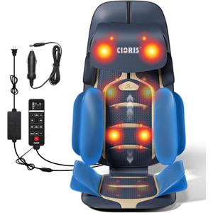CLORIS Neck Back Massager with Heat, Automatic Adjustable Neckrest, 3D Shiatsu Compress & Rolling Massage Chair Pad for Full Body Relaxation, Home Office Chair Use, Gift for Family & Friends Blue&Gold