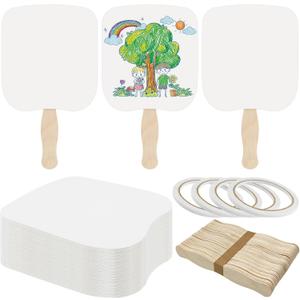LOTMER 150 Pcs Church Fans Handheld Set, 100 Blank Cardstock Paper Fans with 50 Wavy Wooden Sticks, Paper Fan Handheld for DIY Painting Custom Fans (50 Set)