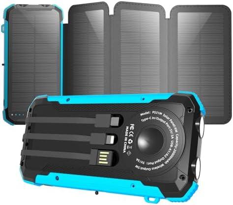 Solar Charger Power Bank, 20000mAh Portable Phone Charger with 1 Type-C & 2 USB-A Ports Built-in Dual LED Flashlight，Compatible with iPhone, Samsung & More, Waterproof Solar Panel for Camping, Hiking