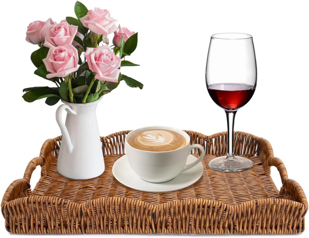 Rectangle Wicker Scalloped Tray, Hand Woven Synthetic Rattan Serving Tray with Handles, Coffee Table Decorative Tray Basket for Modern Boho Rustic Home Ornament or Organizing (Brown)