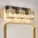 Modern Crystal Bathroom Lights Fixtures Black Gold 3-Lights Bathroom Vanity Lights Over Mirror Brass Vanity Lighting Fixtures Crystal Wall Lighting with Polished Gold Finish