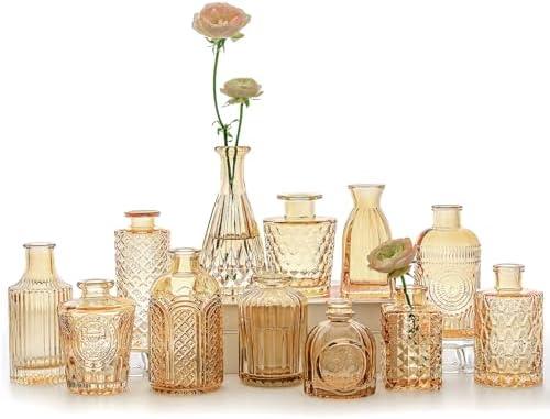 SUPMIND 12pcs Glass Bud Vase Set, Small Gold Amber Flower Vases for Centerpieces in Bulk, Mini Vintage Vase for Wedding, Home,Table Decoration