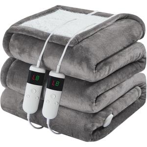 Electric Heated Blanket Queen Size 84''x90'' Soft Flannel & Sherpa Electric Blanket with 10 Heating Levels, Automatically Shut Down After 8h with Overheat Protection Machine Washable