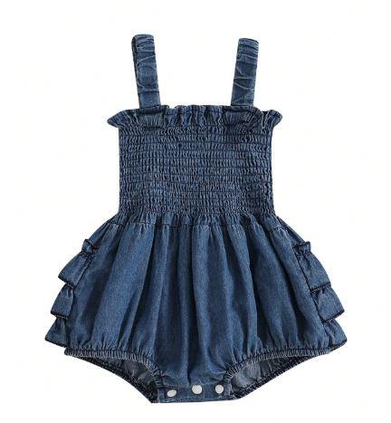 Newborn Baby Girls Rainbow Rompers Sleeveless Summer Ruffle Bodysuit Denim Rib Jumpsuit Headwear Outfit Sets 90