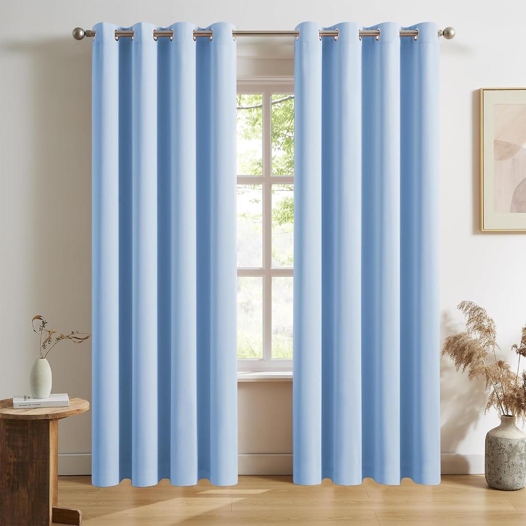 DUALIFE Sky Blue Blackout Curtain Panels/Drapes for Living Room 96 Inch Length Solid Energy Efficient Room Darkening Bedroom Curtains Thermal Insulated Grommet Top 52x96 Inches Cerulean 2 Panels
