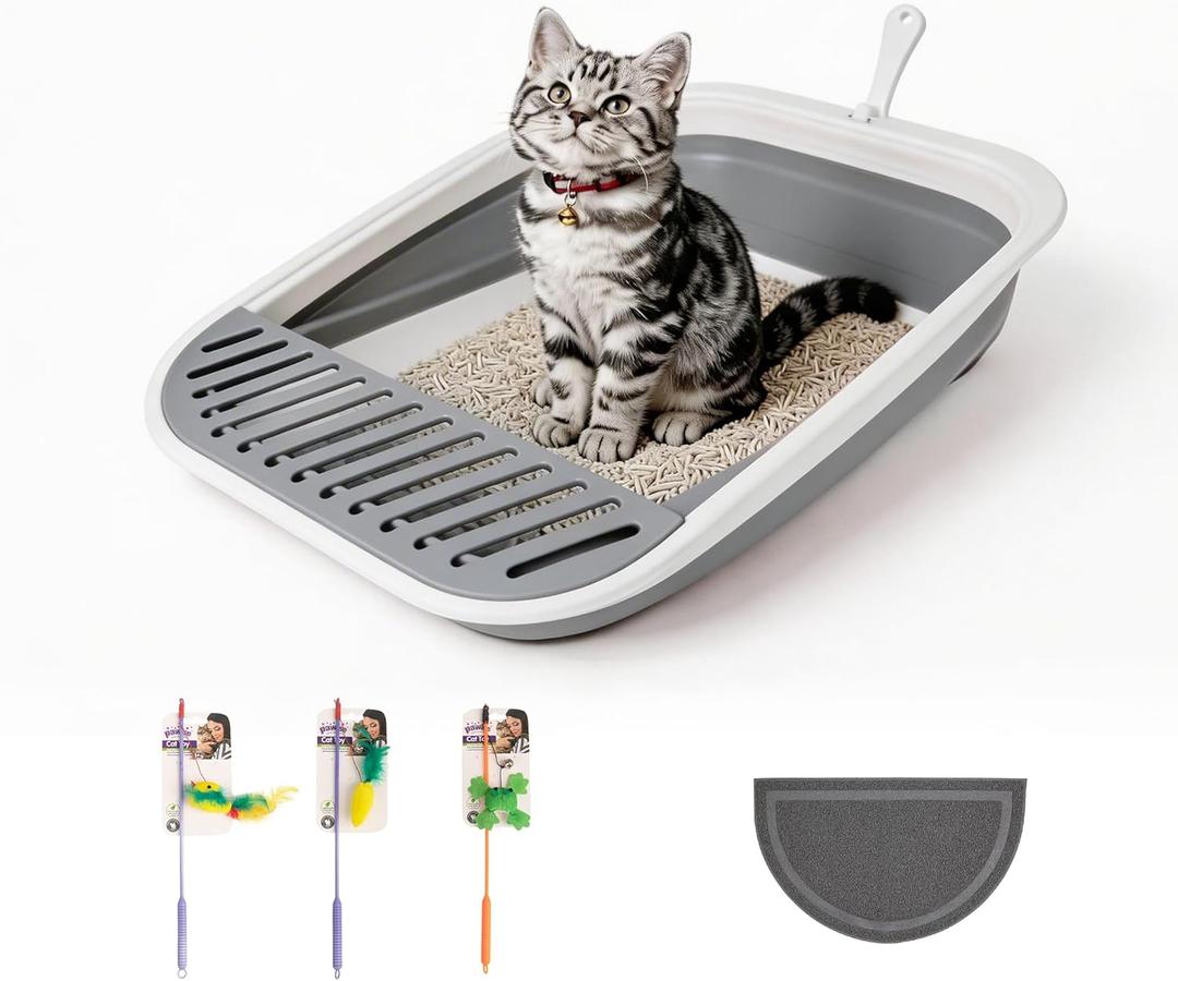 Pawise Foldable Cat Litter Box, Low Entry Collapsible Cat Litter Box with Scoop, Travel Pet Potty Pan & Anti-Splash Toilet for Kittens, Senior Cats & Disabled Cats (with Cat Teaser & Litter Mat Grey)