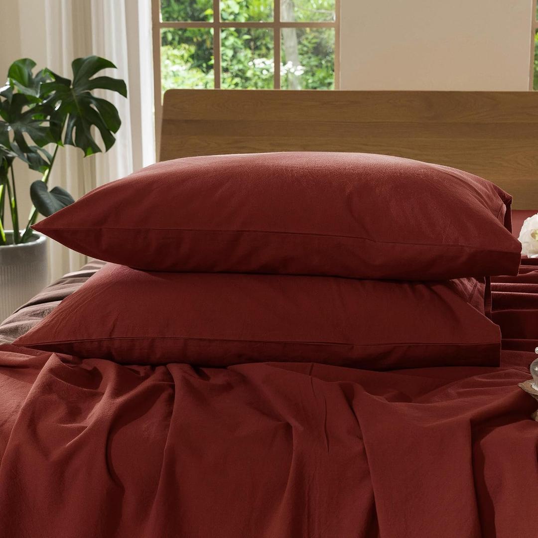 MooMee Bedding Pillowcases Pack of 2 100% Washed Cotton Linen Like Textured Breathable Durable Soft Comfy (Solid Fired Brick Red, Standard)